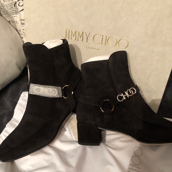 JIMMY CHOO 40MM MALIN SUEDE BOOTIE BLACK/CRYSTAL - Picture 4 of 9